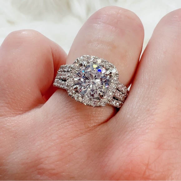 14k white gold 3 CT diamond ring round cut pave halo antique 7 style engagement - Picture 3 of 11
